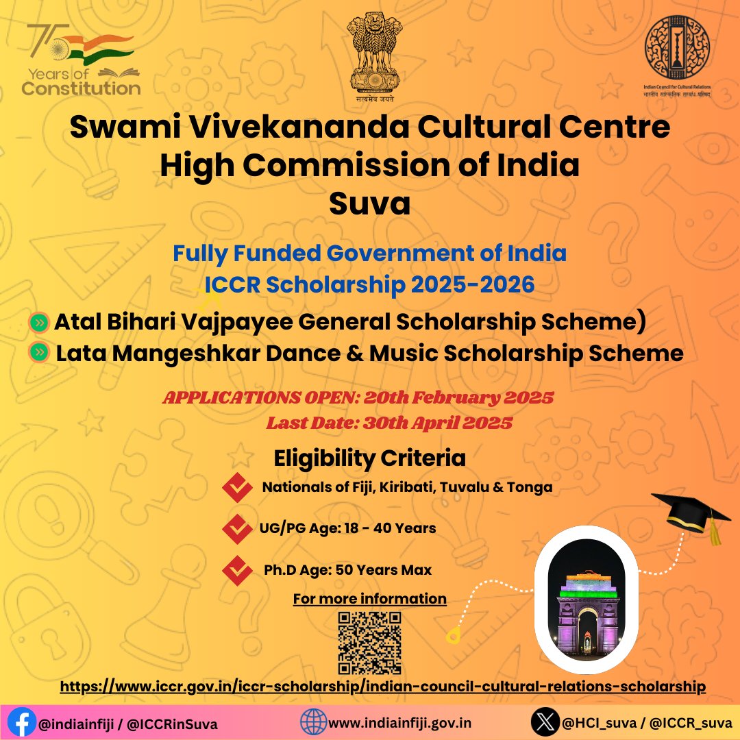 Delighted to announce the ICCR Scholarship Scheme 2025-26